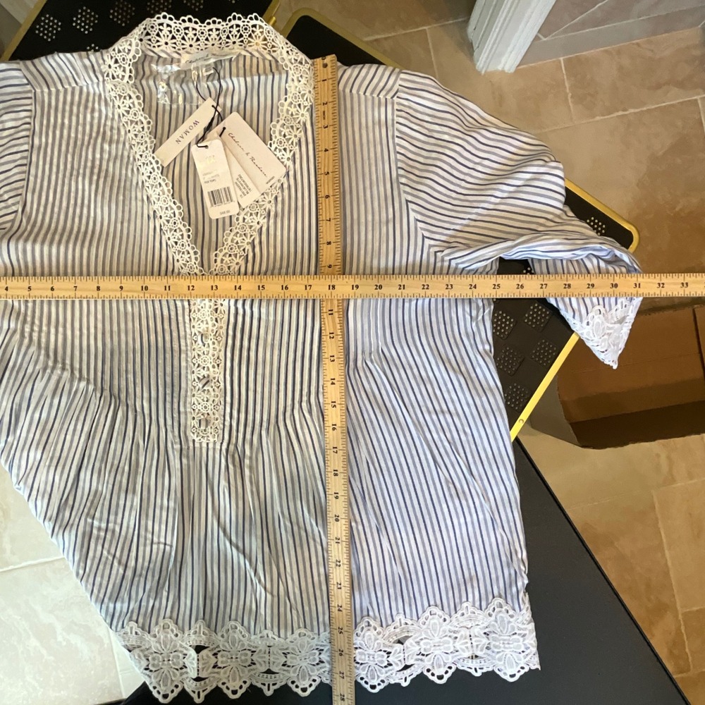 Chelsea & Theodore Woman Blue White Striped Lace Trim Tunic Top 1X Cottagecore - Picture 10 of 11